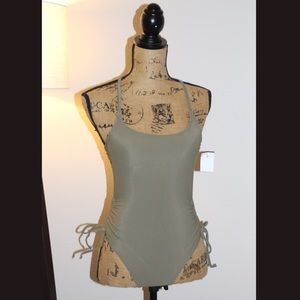 Army green ribbed one-piece swimsuit